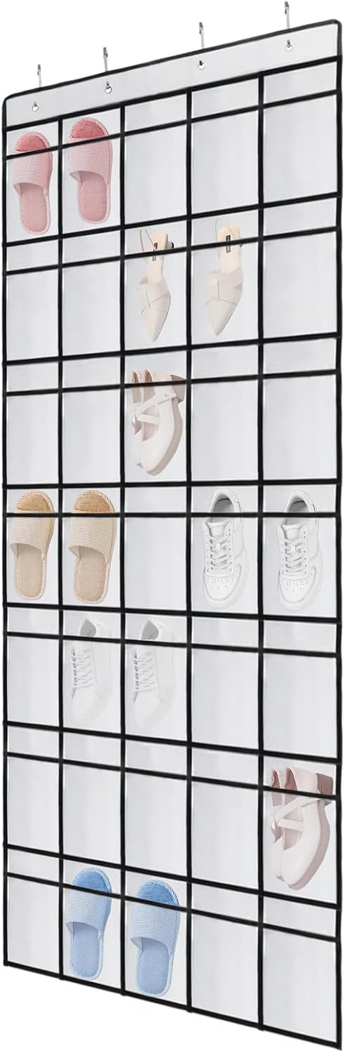 Over the Door Shoe Organizer, 12 Mesh Pockets Hanging Shoe Organizer with 4 Metal Hooks (Black)