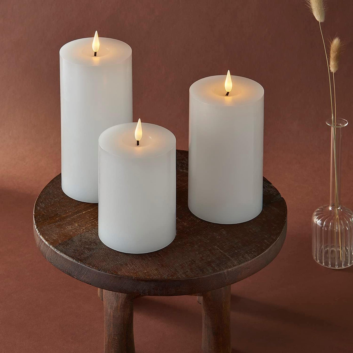 LampLust Realistic Flameless Pillar Candles with Remote, Set of 3, Batteries Included, Real White Wax, 3D Flickering LED Flame, 3 Inch Pillar Candles, Spring Decor, Centerpieces for Tables