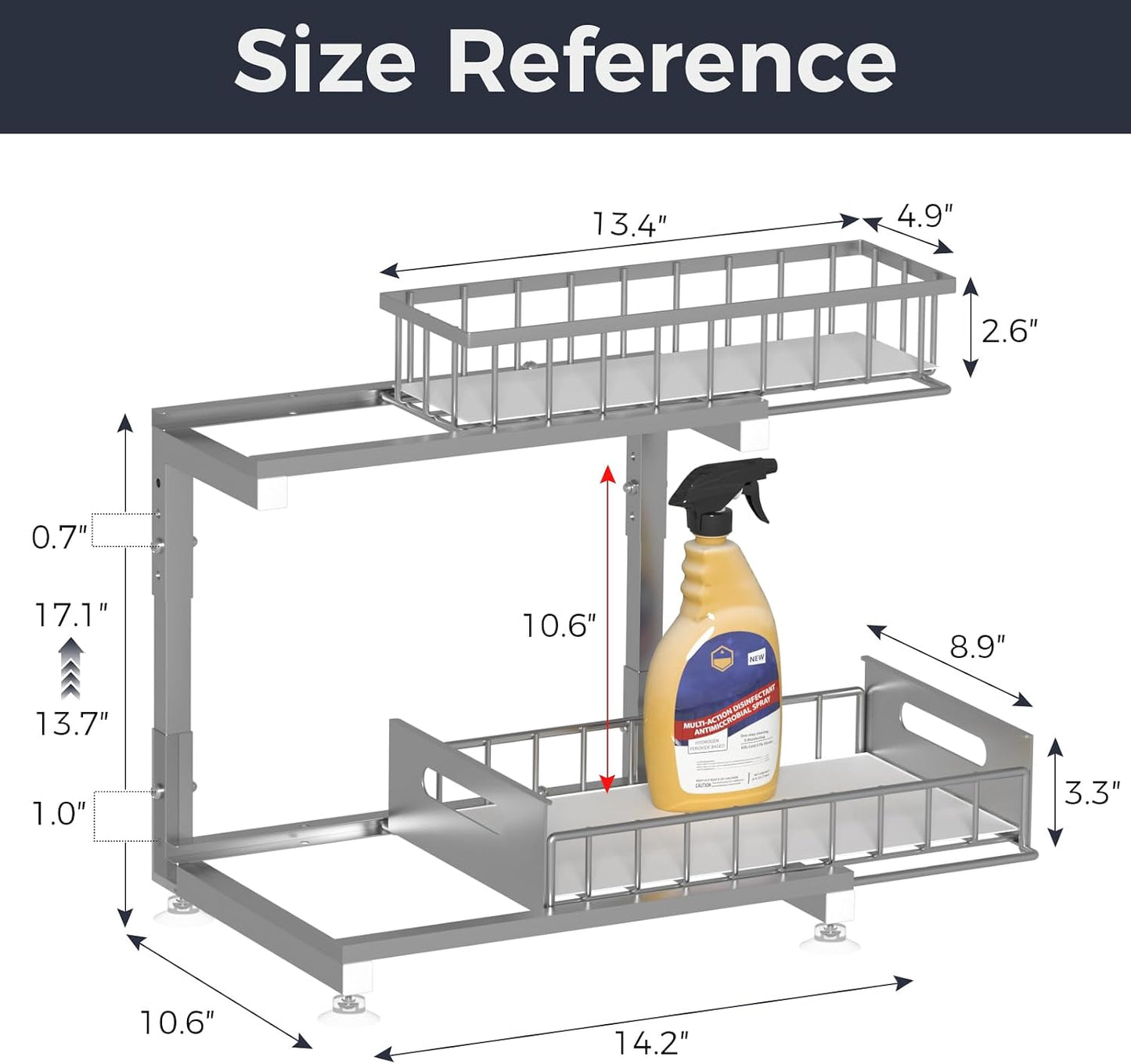 Saydear L-Shaped Under Sink Organizer, 2-Tier Pull-out Cabinet Rack 1-Pack | Black Height-Adjustable Metal Rack, Sliding Grid Drawers with Safety Stopper, Holds 100 Lbs, Ideal Kitchen Cabinet Storage