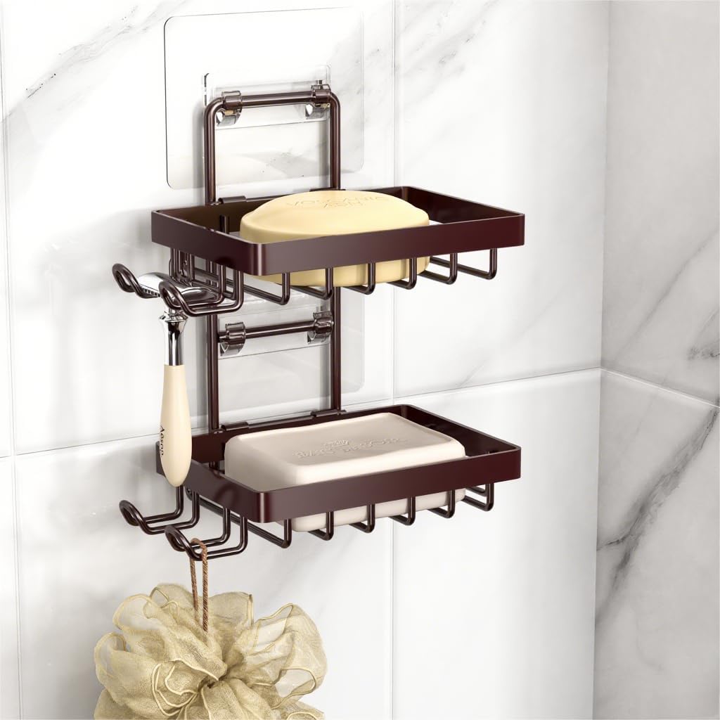 Moforoco Double Soap Bar Holder for Shower, No Drilling, 304 Stainless Steel, Wall Mounted Soap Holder with 4 Hooks and Razor Holder, Shower Rack Soap Tray Bar Soap for Bathroom Accessories Organizer