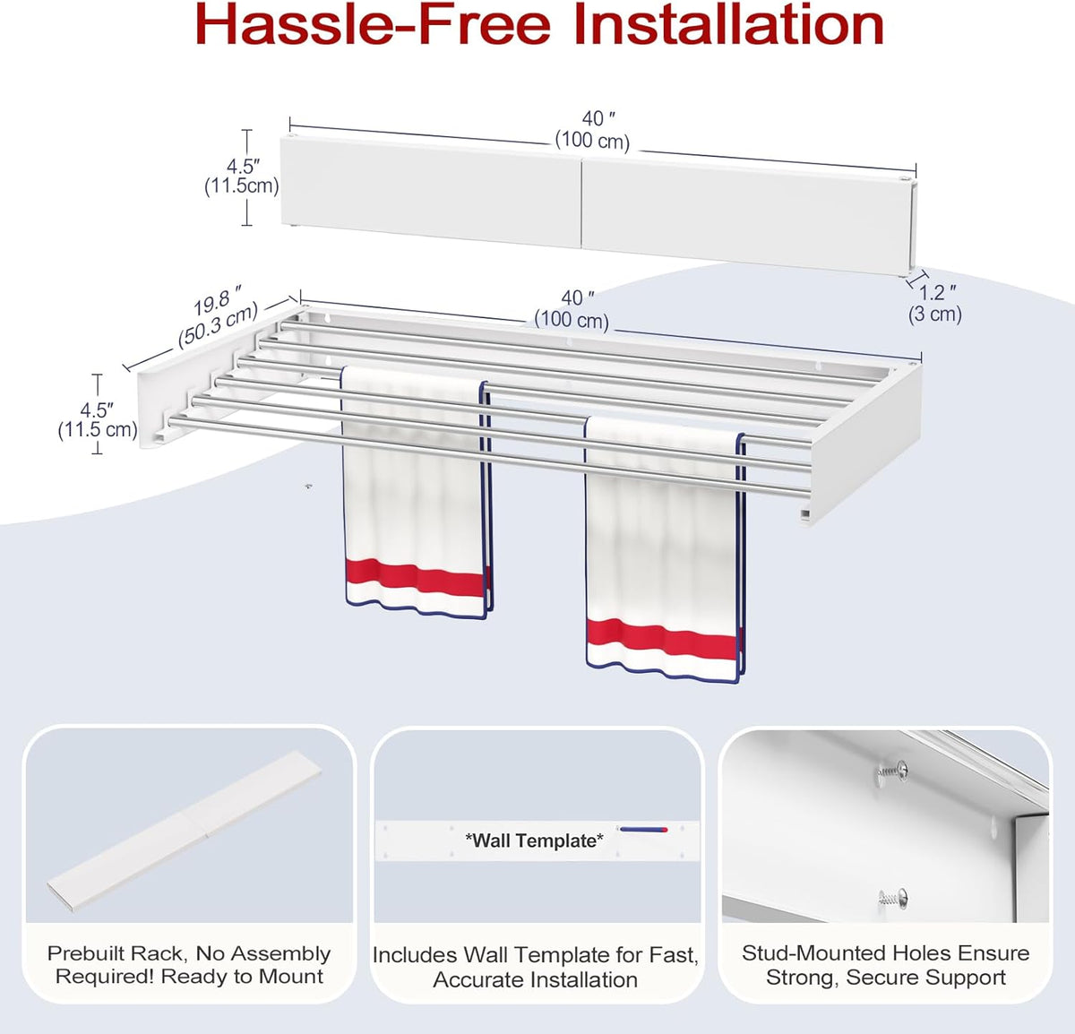 Wall Mounted Drying Rack 31.5", Foldable Laundry Drying Rack with Stainless Steel Rods, Retractable Laundry Space Saver for Indoor & Outdoor Use, Include Wall Template