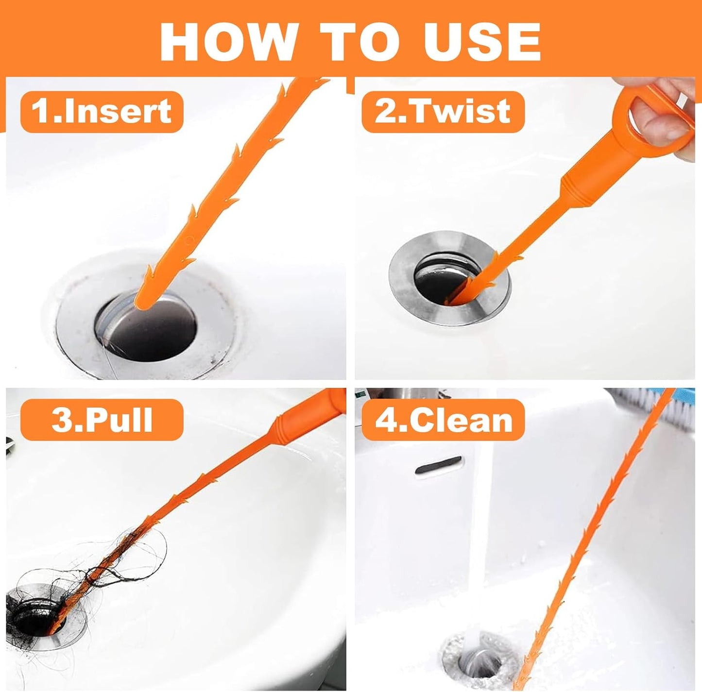 Drain Snake Clog Remover - 4 Pack 20 Inch Flexible Hair Drain Removal Tool for Sink, Shower, Tub & Toilet, Drain Cleaner with Grip Handle - Easy Use Kitchen & Bathroom Drain Opener