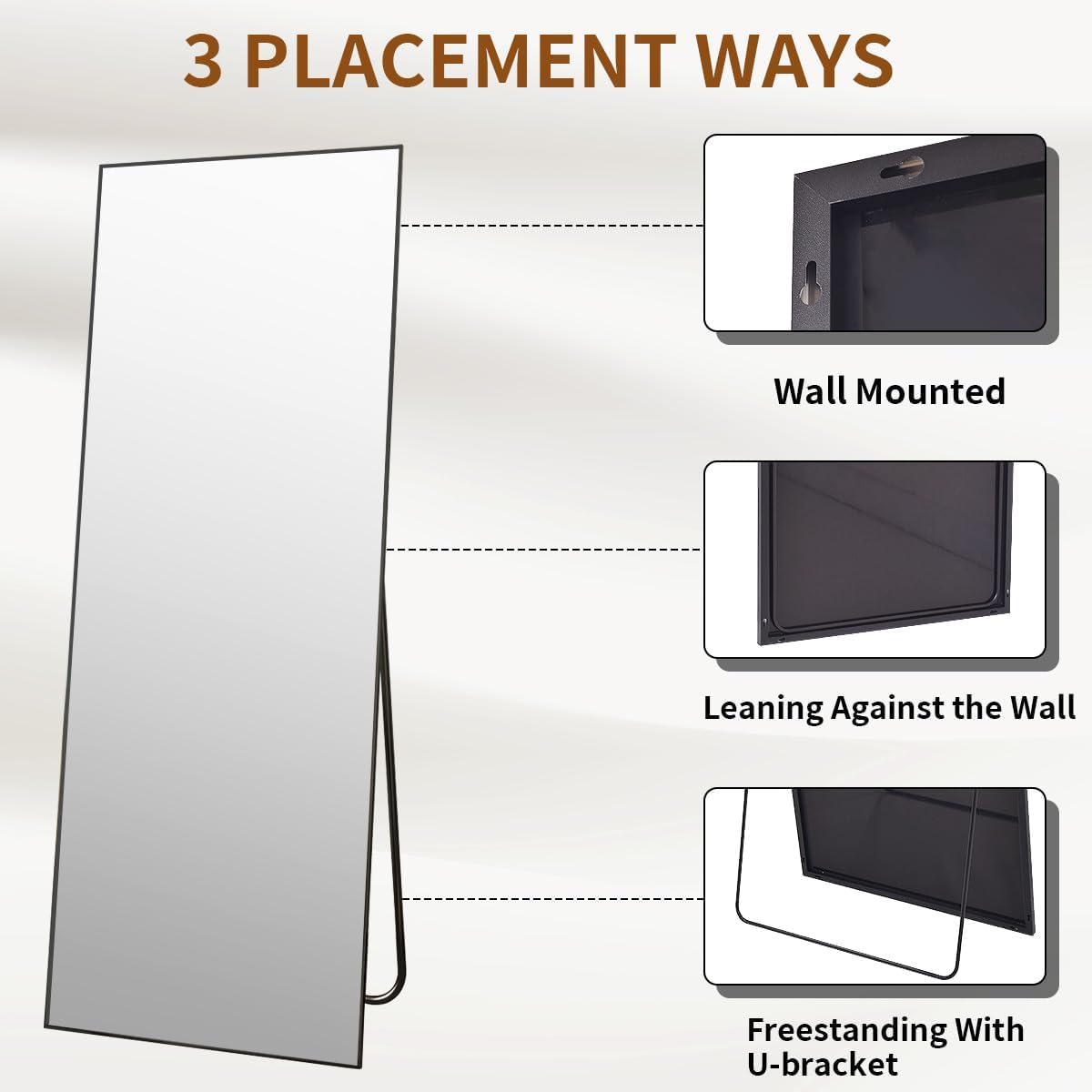 VooBang Mirror Full Length - 21" x 57" Floor Mirror with Stand, Aluminum Alloy Frame Full Body Mirror, Standing Hanging or Leaning Against Wall for Bedroom and Living Room, Black