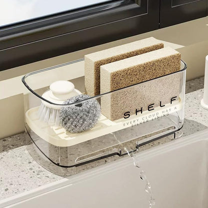 Sponge Holder for Kitchen Sink, Clear Acrylic Sink Organizer with Auto-Draining Tray, Countertop Sink Caddy for Sponges, Soap, Brush & Cleaning Tools