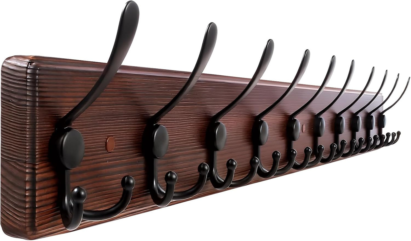 Kuhome 2pcs Coat Rack Wall Mount Wooden Hat Rack for Wall Hooks Pine Real Wood Plank 16.9" Brown Coat Hanger with 5 Triple Hooks for Hanging Coat Hat Jacket