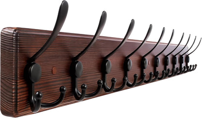 Kuhome 2pcs Coat Rack Wall Mount Wooden Hat Rack for Wall Hooks Pine Real Wood Plank 16.9" Brown Coat Hanger with 5 Triple Hooks for Hanging Coat Hat Jacket