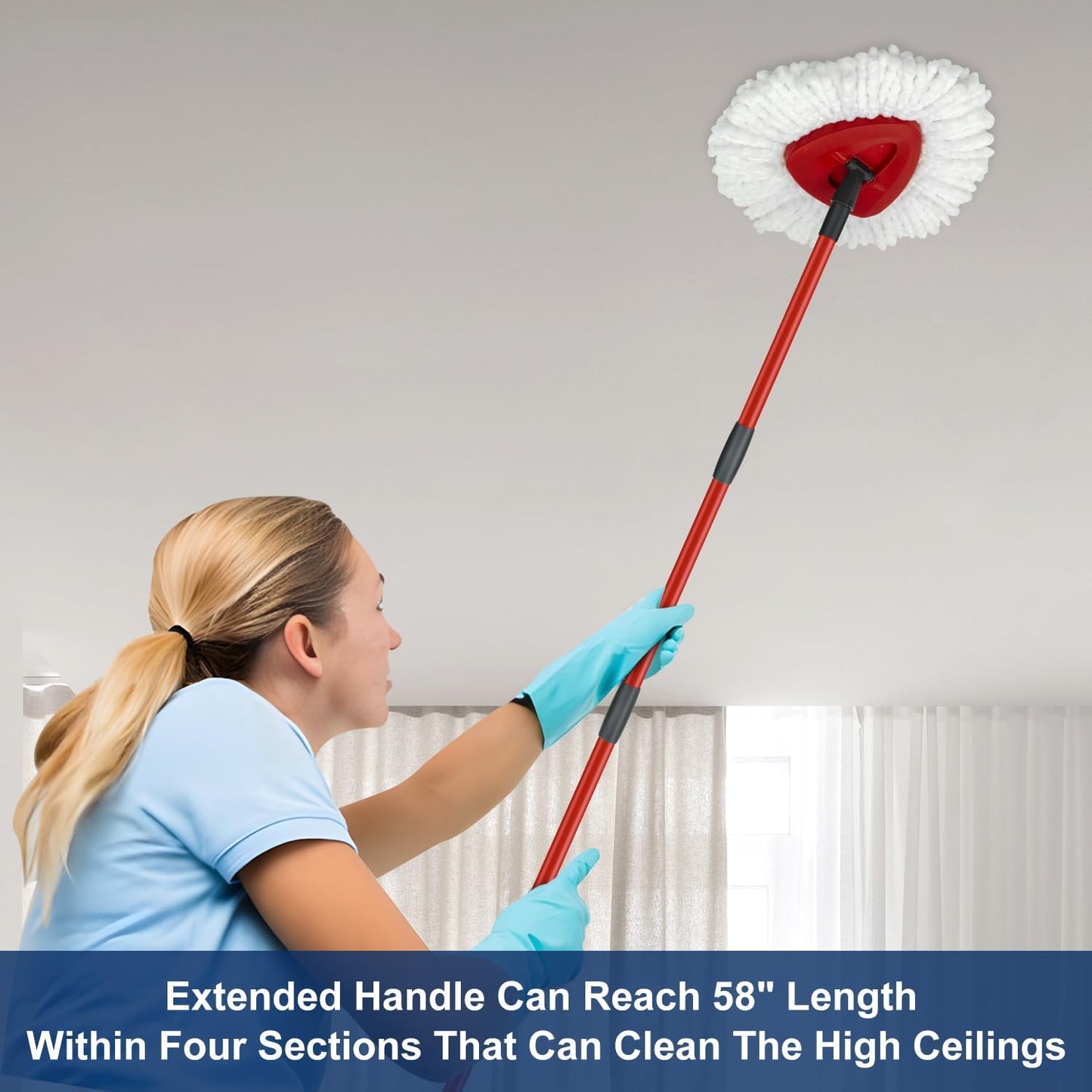 Mop Replace Heads Mop Handle and Base Replacement for O Cedar EasyWring 1-Tank Spin Mop System, 2 Microfiber Mops Refills, 4-Section Iron Mop Handle 30-58Inch and 1 Mopping Heads Cover Set (No Bucket)