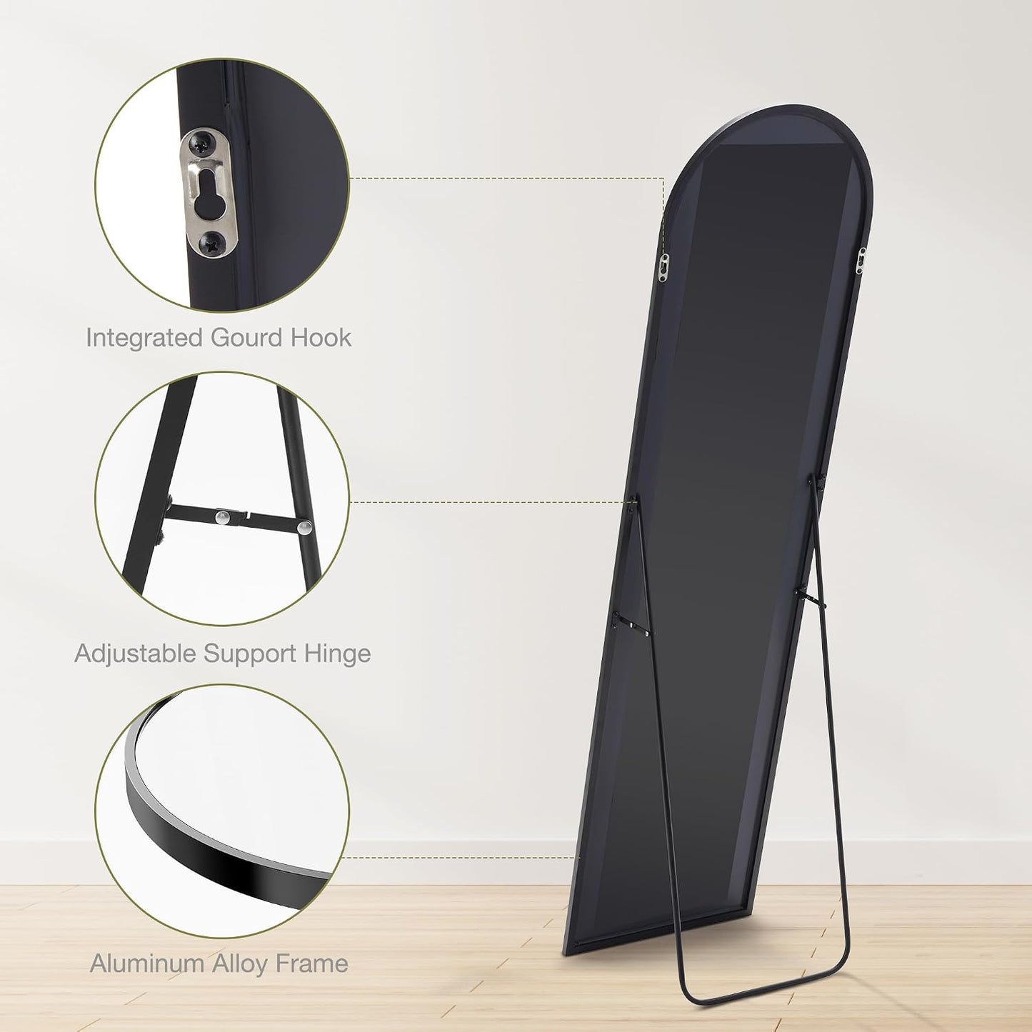 DUMOS 64"x21" Arched Full Length Floor Mirror, Full Body Mirror with Stand, Shatterproof Tempered Glass, Modern Aluminum Alloy Frame, Free Standing or Leaning for Home Decor, Gold