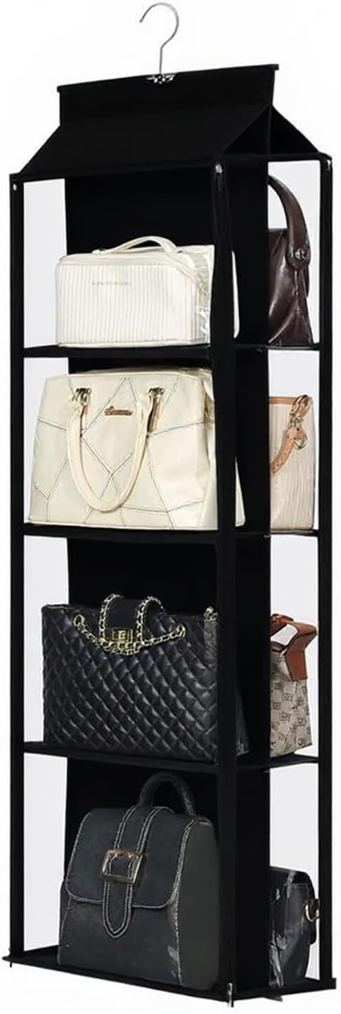 8 Grids in 1 Pack Hanging Purse Handbag Organizer with Double Zippers, Visible Purse Organizer for Closet, Fully Enclosed Purse Storage Holder-Black