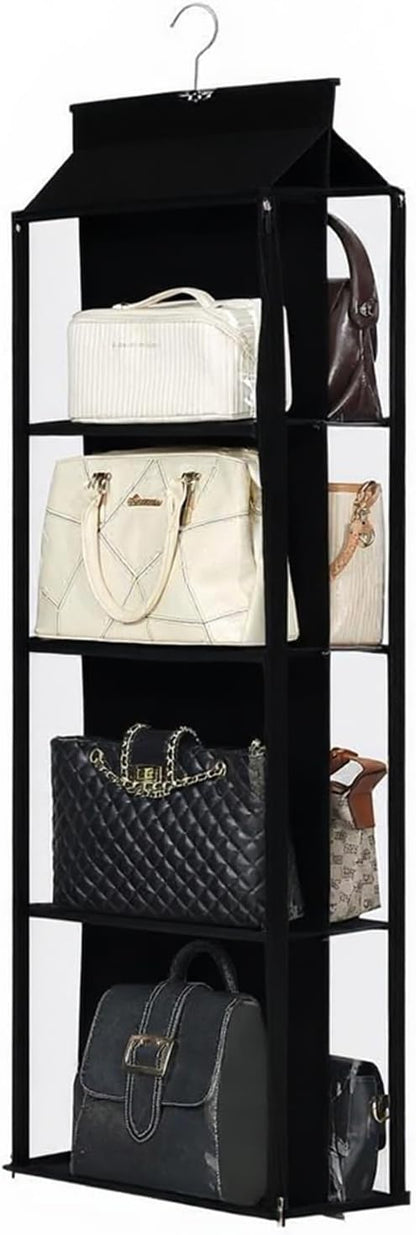 8 Grids in 1 Pack Hanging Purse Handbag Organizer with Double Zippers, Visible Purse Organizer for Closet, Fully Enclosed Purse Storage Holder-Black
