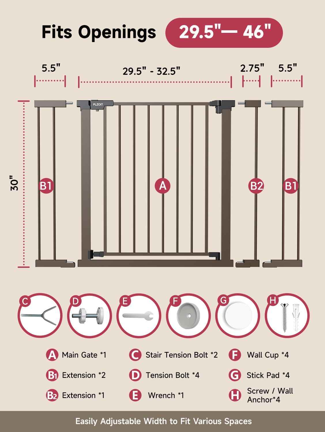 29.5-40.5" Baby Gate for Stairs, Dog Gate for Doorways, Walk Thru Auto Close Metal Baby Safety Gate for The House, Stairs and Doorways, Child Gate Pressure Mounted, Pet Gate for Dog Indoor - Black