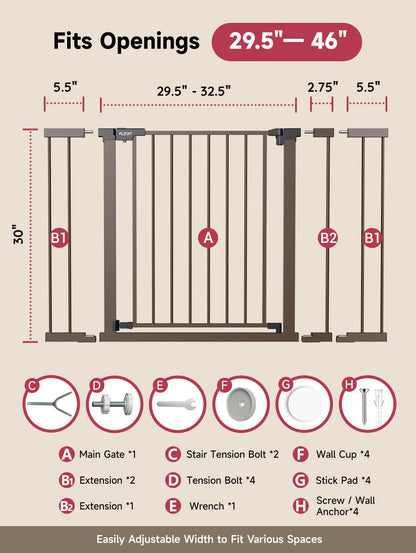 29.5-40.5" Baby Gate for Stairs, Dog Gate for Doorways, Walk Thru Auto Close Metal Baby Safety Gate for The House, Stairs and Doorways, Child Gate Pressure Mounted, Pet Gate for Dog Indoor - Black