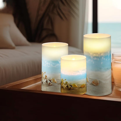 Tujoe 3 Pcs Summer Ocean Flameless Candles Teal Beach LED Battery Pillar Candles Set Battery Operated Coastal Nautical Decorations Flickering Gifts with Remote Decorations for Holiday