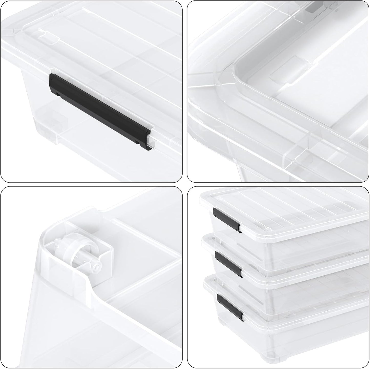 40 Quart Plastic Clear Underbed Storage Bin with Wheels, 3 Packs | Stackable Large Flat Under Bed Organization Boxes with Lids