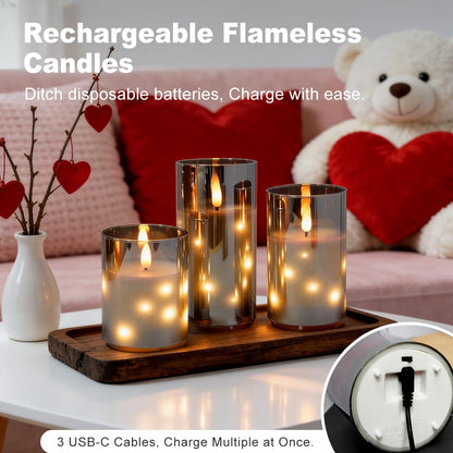 LEDHOLYT Rechargeable Flameless Glass Pillar Candles–Gifts for Women,–Set of 3, Realistic Flickering LED Light,Remote & Timer, Ideal for Living Room, Bedroom & Festival Wedding Home Party Decor