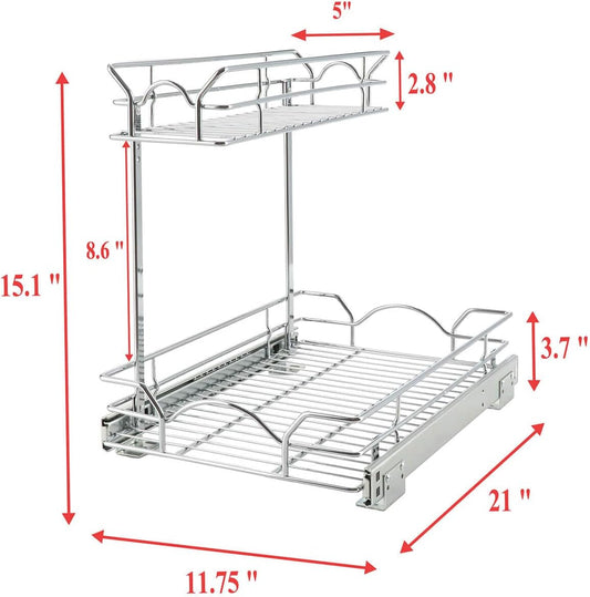 OCG Under Sink Cabinet Organizer Two Tier Pull Out Shelf (14.75W x 21D), Under Sink Sliding Shelf for Kitchen Bathroom Cabinet 2 Tier Chrome