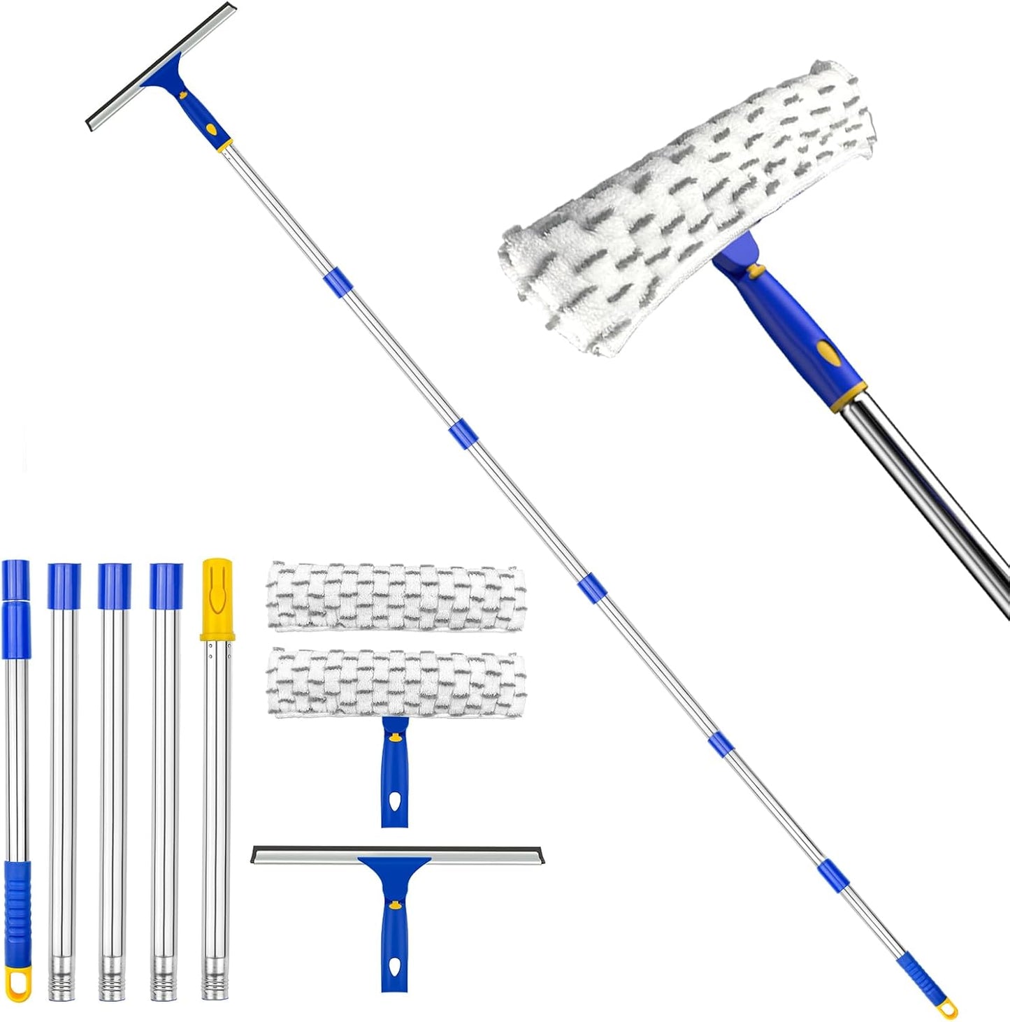 81" Window Squeegee Cleaner, Window Cleaning Tool Kit,12" Squeegee and 11" Microfiber Scrubber Combi with Stainless Steel Pole for Car,Sliding Door,Shower Glass Door-Swivel Style-2 Pads