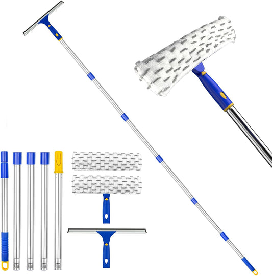 81" Window Squeegee Cleaner, Window Cleaning Tool Kit,12" Squeegee and 11" Microfiber Scrubber Combi with Stainless Steel Pole for Car,Sliding Door,Shower Glass Door-Swivel Style-2 Pads