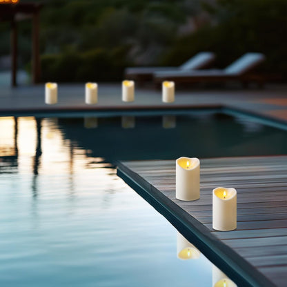 Amagic IP65 Waterproof Outdoor Flameless Candles with Remote, LED Candles Battery Operated with Timer, Flickering Fake Pillar Candle for Outside Patio Yard Decor, Ivory, Set of 5, D3 X H4 5" 6" 8" 8"