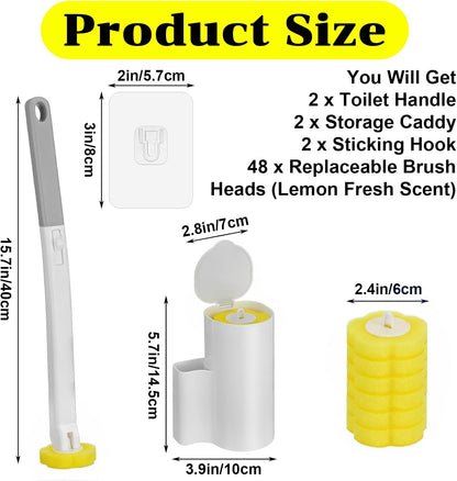 2 Pack Disposable Toilet Brush and Holder Set, Extended Handle Toilet Bowl Cleaner Wand with 48 Refills Replacement Heads Pads Bathroom Maintenance Bathtub Stick Cleaning System Starter Kit