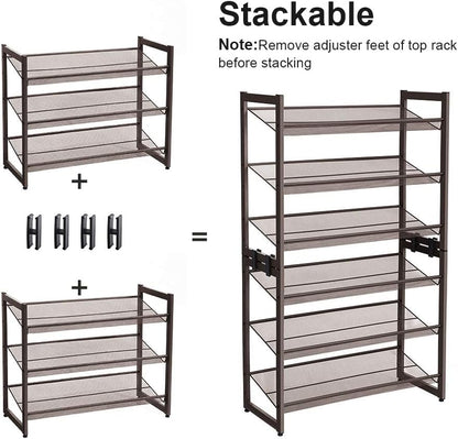 SONGMICS Shoe Rack, 12-Tier Shoe Organizer, Metal Shoe Storage for Garage, Entryway, Set of 2 6-Tier Stackable Shoe Shelf, with Adjustable Flat or Angled Shelves, Holds 48-60 Pairs, Black ULMR12B