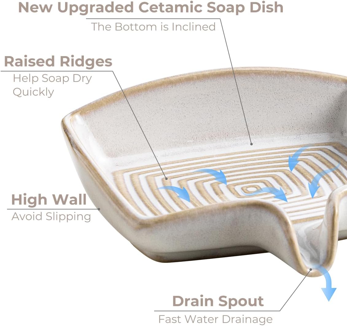 Self Draining Soap Dish, Ceramic Drain Soap Holder Waterfall Design Soap Saver for Shower, Bathroom, Sink, Kitchen and Countertop, Keeps Dry, Green