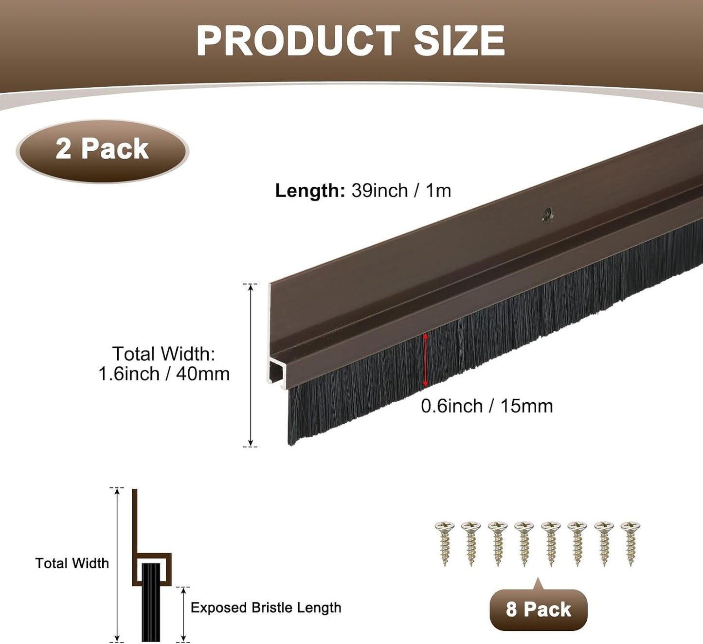 M METERXITY 2Pack Door Sweep - 39" Door Bottom Brush Heavy Duty Seal Draft Stopper Aluminum Base with 50mm Brush, Adhesive/Screw Installation for Interior/Exterior/Garage/Sliding Doors, Black