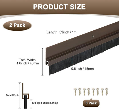 M METERXITY 2Pack Door Sweep - 39" Door Bottom Brush Heavy Duty Seal Draft Stopper Aluminum Base with 50mm Brush, Adhesive/Screw Installation for Interior/Exterior/Garage/Sliding Doors, Black