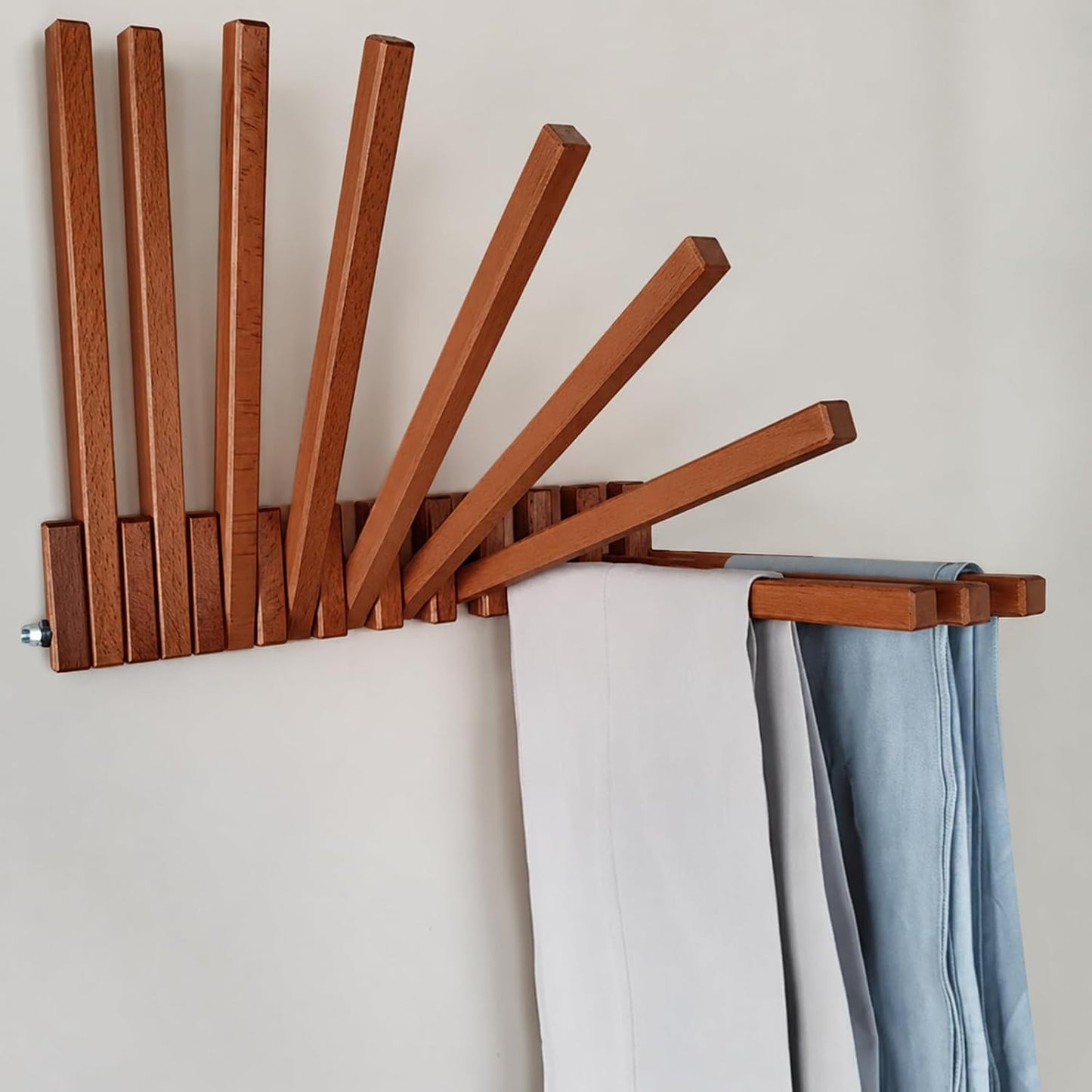 Domensi Beech Wood Wall Mounted Drying Rack for Laundry Room with 10 Mount Folding Coat Hooks Racks Drying Hanger for Bathroom Hat Towels Robes Rack Saving Space (Wood Color)