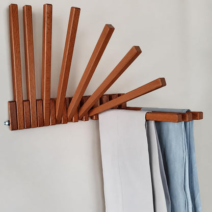 Domensi Beech Wood Wall Mounted Drying Rack for Laundry Room with 10 Mount Folding Coat Hooks Racks Drying Hanger for Bathroom Hat Towels Robes Rack Saving Space (Wood Color)