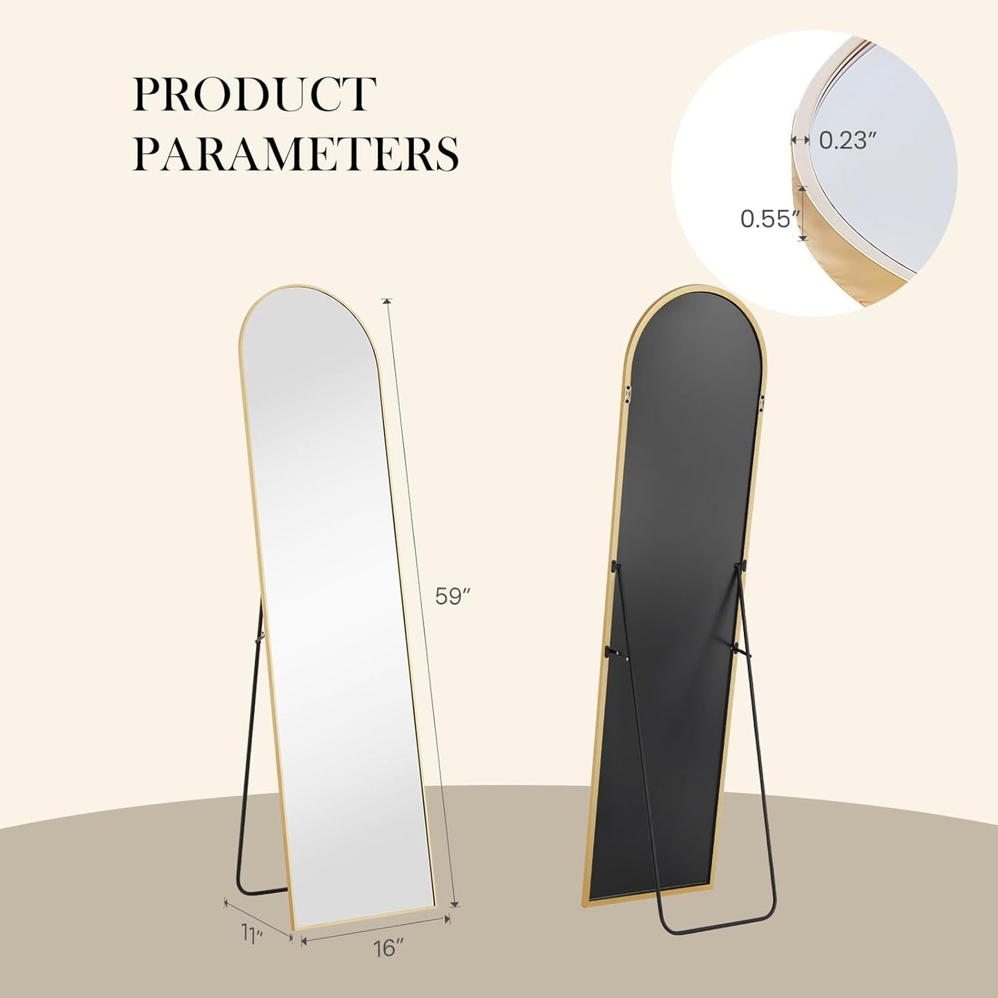 Arched Mirror Full Length, Upgraded 16"x59" Body Wall Mirrors with Shatter-Proof Glass, Floor Standing, Hanging or Leaning, Tall Arch Mirror with Stand Aluminum Alloy Frame for Bedroom Cloakroom