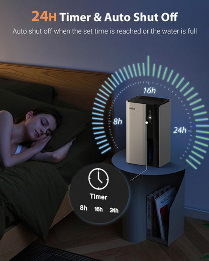 UBBO 95oz Dehumidifiers for Home, 1000 Sq.Ft Dehumidifier with Drain Hose - Auto Shut Off, Timer, Sleep Mode & Drain Hose - 7 Color Light for Bedroom, Bathroom, RV - Black Gold