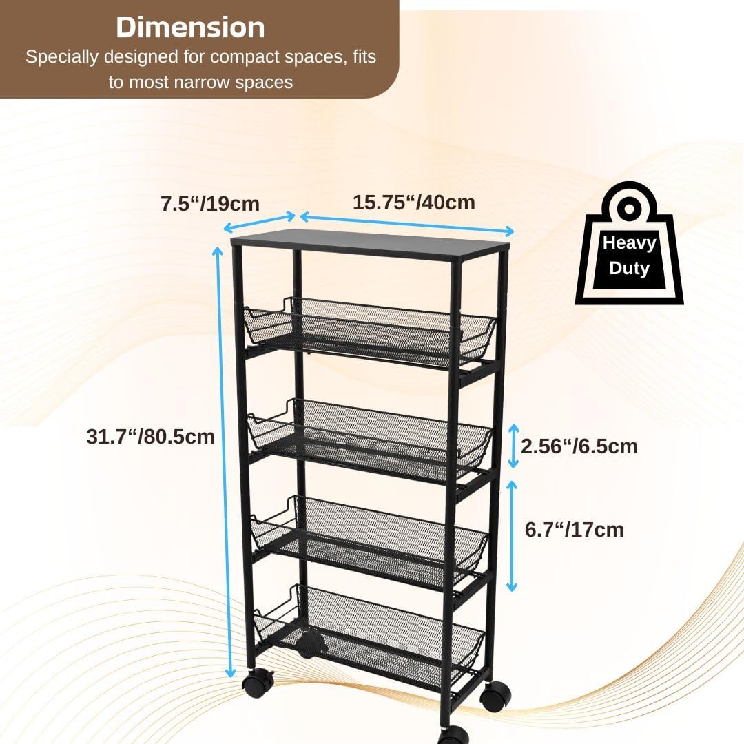 IBERG 5 Tier Slim Storage Cart with Wheels and Pull Out Baskets (Black)