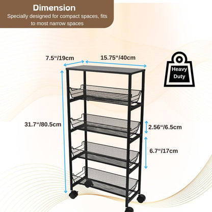 IBERG 5 Tier Slim Storage Cart with Wheels and Pull Out Baskets (Black)