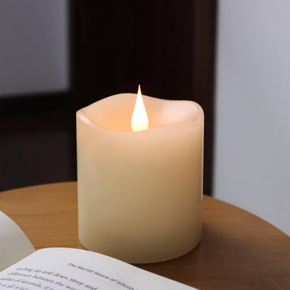 TECHLONG Flameless Candles Battery Operated with Remote Timer, 3D Moving Flame Flickering, Last 600+ Hours Battery Candles, 3" x 3" Ivory Real Wax Electric LED Candle for Wedding Party, Set of 2