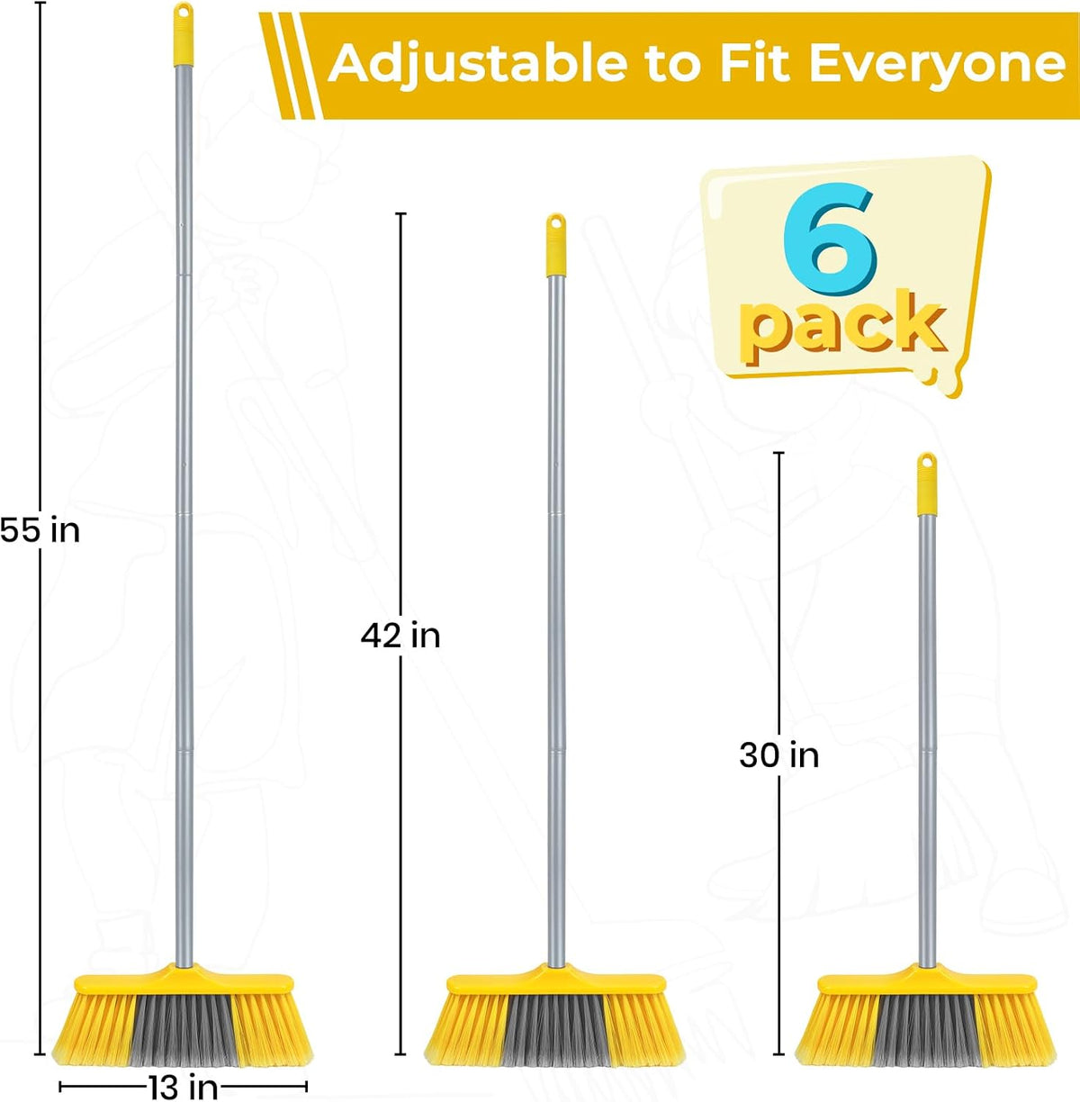 Indoor Broom for Floors 55” Soft Bristle Brooms for Sweeping Indoor/Outdoor to Clean Kitchen, Lobby, Office, Hardwood, Tile, Concrete, Patio, Deck-Yellow