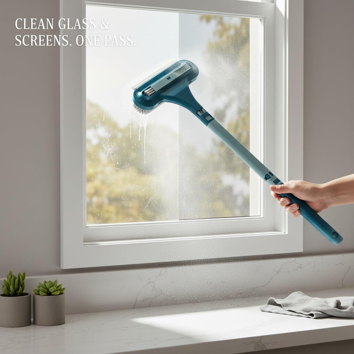 Window and Screen Cleaning Brush, Double-Sided Tool for Glass and Mesh, 13-Inch PP Plastic Frame with Surface Wiper (1 PC)