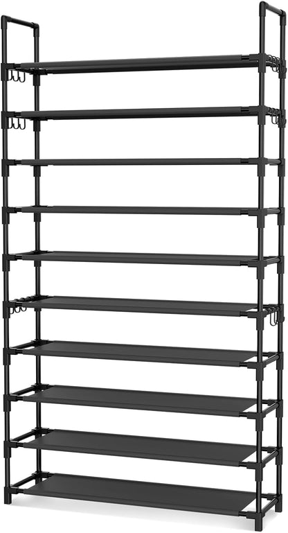 LANTEFUL 10 Tiers Tall Shoe Rack 20-25 Pairs Boots Organizer Storage Sturdy Narrow Shoe Shelf for Entryway, Closets with Hooks, Black