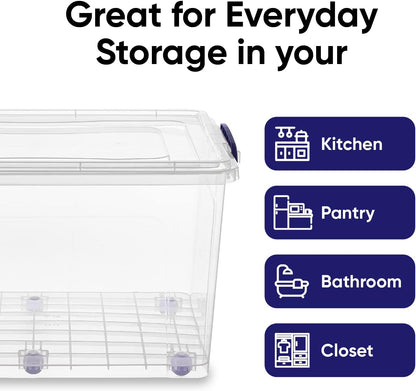 Superio Under Bed Storage Containers with Wheels (2 Pack), Flat Clear Storage Bin Stackable Large Storage Latch Box with Lids Store Cloths, Bedding, Linen, For Under The Bed, Garage, Home