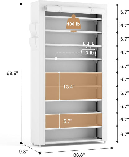 ROJASOP 10 Tier Shoe Rack with Covers,Large Capacity Stackable Tall Shoe Shelf Storage to 50-55 Pairs Shoes and Boots Sturdy Metal Free Standing Shoe Rack Organizer for Closet Entryway Garage