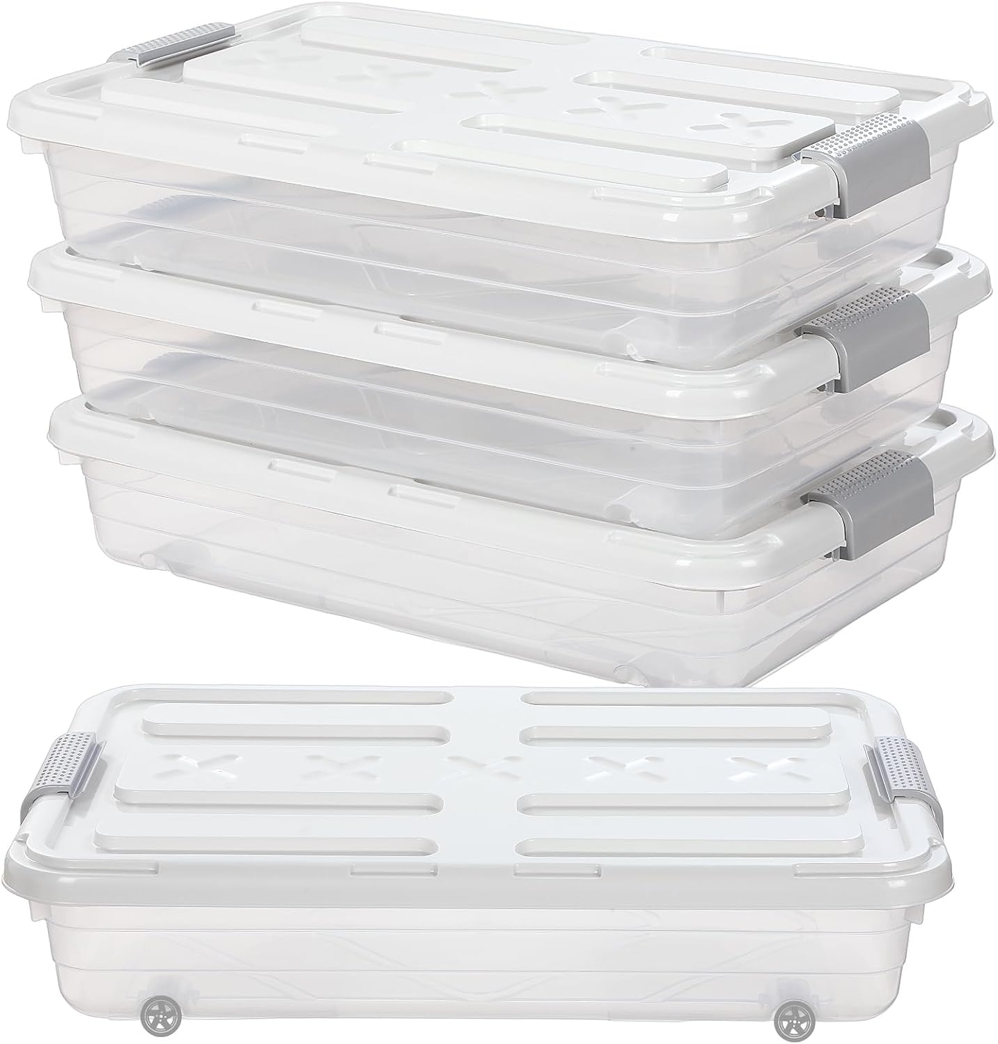 Beeveer 4 Pcs Plastic Under Bed Storage Containers with Lid Wheel Handle, Transparent Large Capacity Stackable Latching Storage Bins for Closet Bedroom Clothes Shoes Blanket(23.7 x 15.8 x 5.2,White)