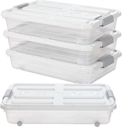 Beeveer 4 Pcs Plastic Under Bed Storage Containers with Lid Wheel Handle, Transparent Large Capacity Stackable Latching Storage Bins for Closet Bedroom Clothes Shoes Blanket(23.7 x 15.8 x 5.2,White)