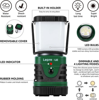 Lepro 1000LM LED Camping Lantern Rechargeable, 4400mAh Green Tent Light with 4 Light Modes, Waterproof Lantern Flashlight for Hurricane Emergency, Camping Essentials, USB Cable Included