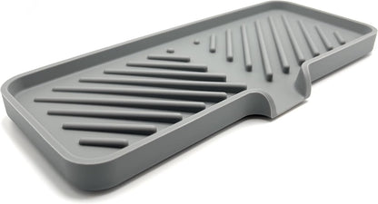 Silicone Soap Dish Tray and Sponge Holder with Drain Chute and Feet | 3-Way Sloped Design | Bathroom and Kitchen Sink Organizer Caddy (Black, 10"x4", 7.8 Ounces)