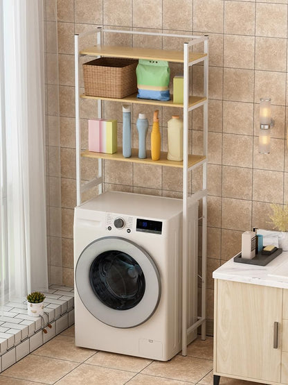 Multi-Tier Over Washer Dryer Storage Rack - 50LBS Capacity Carbon Steel Organizer with Hanging Rod, Anti-Tip & Anti-Slip for Laundry Room Kitchen Bathroom White