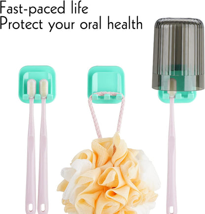 2 PCS Self-Adhesive Toothbrush Holders Wall Mounted, Water Proof Toothbrush Hook, 3 in 1 with Toothbrush Hanger Toothpaste Holder and Gargle Cup Holder for Bathroom Shower (White)