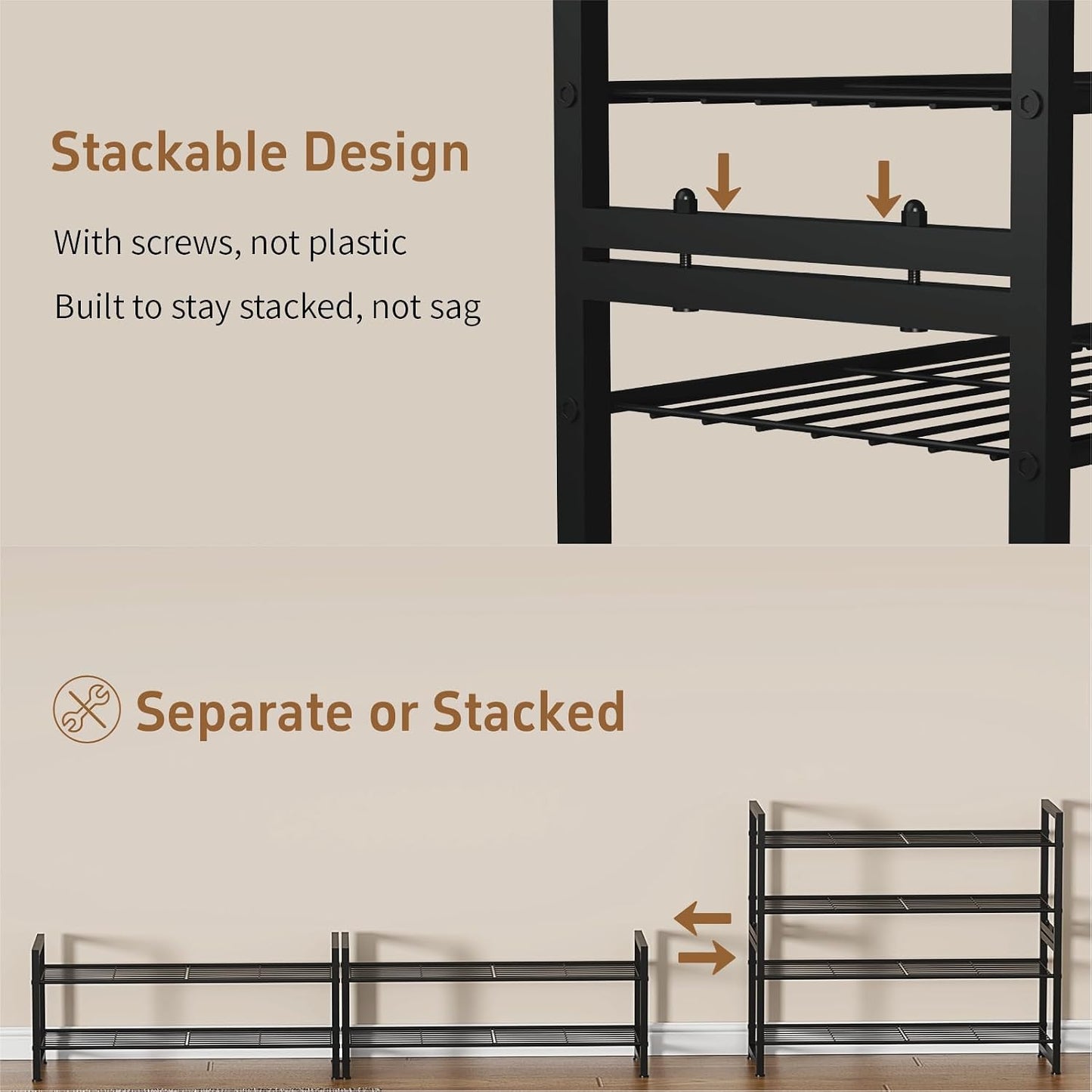 Stackable Shoe Rack, 6 Tier Metal Shoes Rack Storage Organizer,Large Capacity Shoe Shelf Max Holds 30 Pairs of Shoes,Sturdy and Stable, for Closet, Entryway,Garage，Black