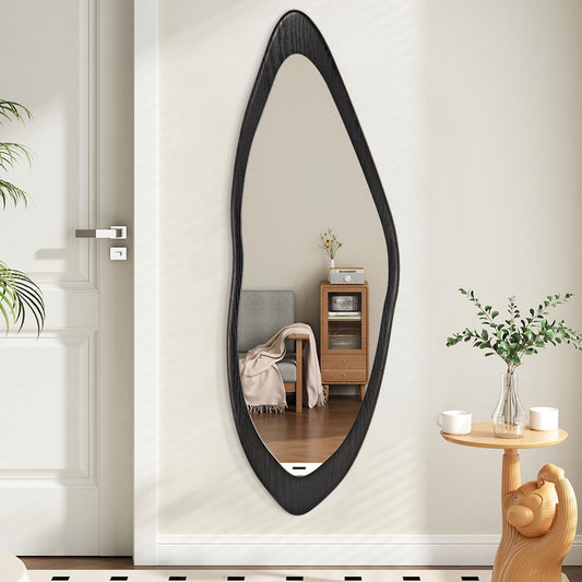 AAZZKANG Irregular Wall Mirror Full Length Black Wood Framed Large | 47"x20" Asymmetrical Full Body Mirrors for Bedroom Living Room Entryway