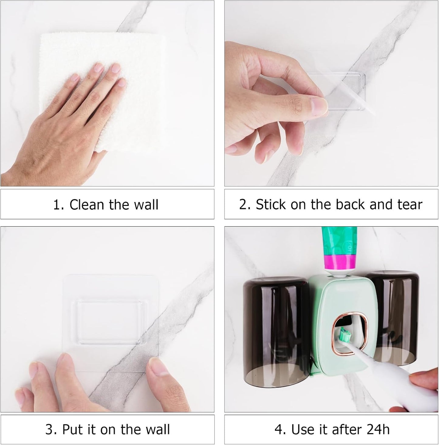 4 Slots Wall Mount Toothbrush Holder with Cover, Self Adhesive Toothbrush Storage Organizer for Shower, Toothbrush Hanger with 2 mouthwash Cups for Bathroom, Medicine Cabinet, Dorm (Black)