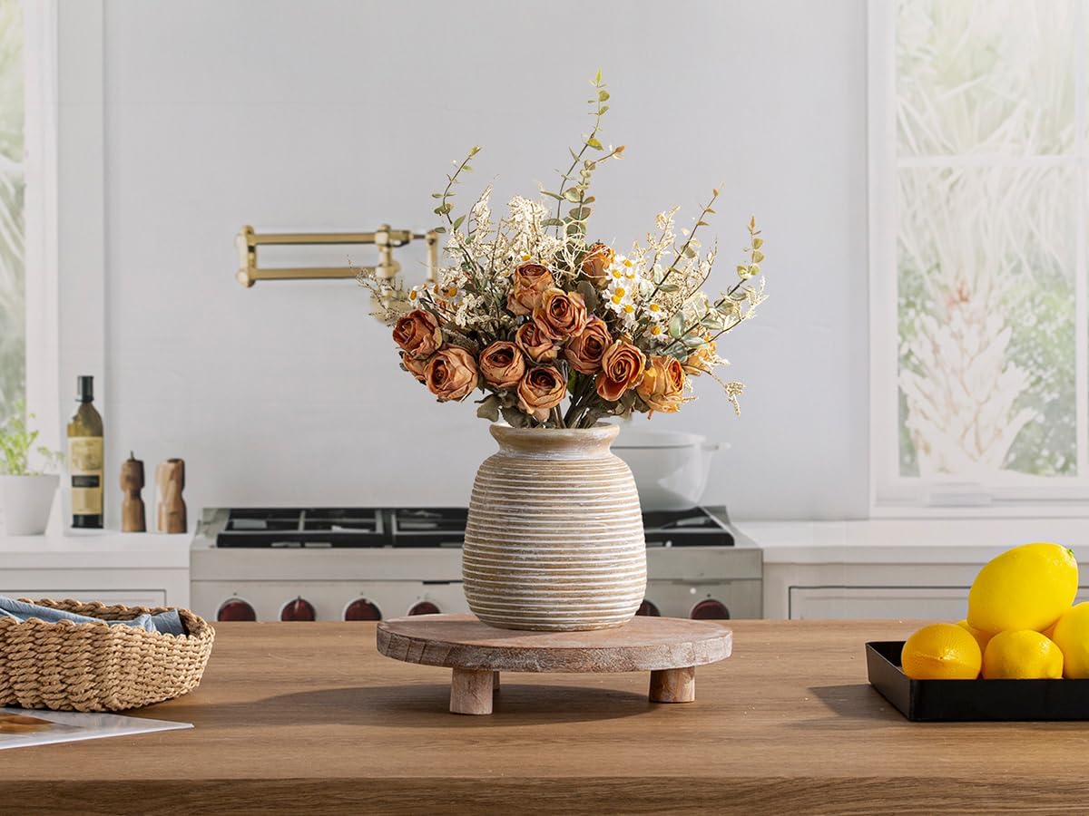 Ceramic Flower Vase, Small Rustic Farmhouse Vases Home Decor, Short Pottery Decorative Pampas Vase for Table Living Room Entryway Mantel Bookshelf Bedroom Bathroom Kitchen - 6" W